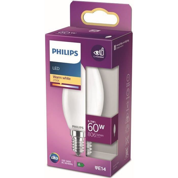 Philips Ampoule LED Equivalent 60W E14 Blanc chaud Non Dimmable - Photo n°1