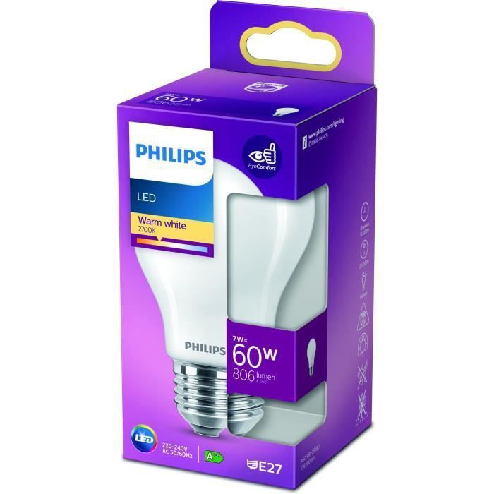 Philips ampoule LED Equivalent 60W E27 Blanc chaud Non dimmable, Plastique - Photo n°1