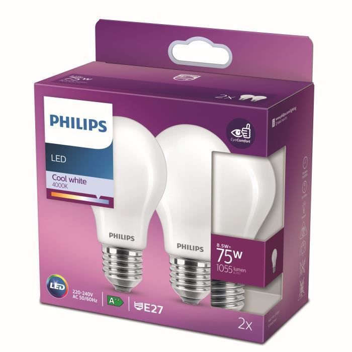 Philips ampoule LED Equivalent 75W E27 Blanc froid non dimmable, verre, lot de 2 - Photo n°1