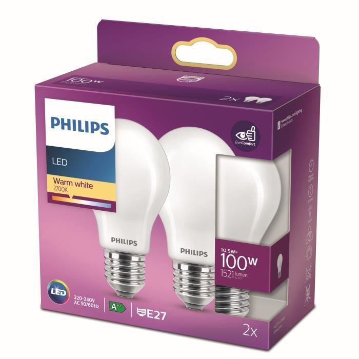 Philips ampoule LED Equivalent100W E27 Blanc chaud non dimmable, verre, lot de 2 - Photo n°1