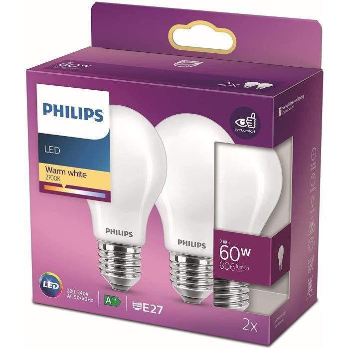 Philips ampoule LED Equivalent60W E27 Blanc chaud non dimmable, verre, lot de 2 - Photo n°1