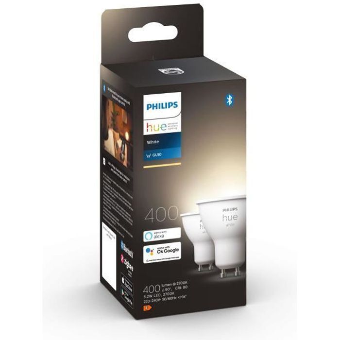 PHILIPS Hue White ampoules LED connectées GU10 - Compatible Bluetooth - Pack de 2 - Photo n°1