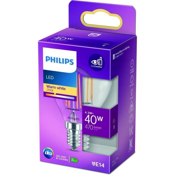 PHILIPS LED Classic 40W Sphérique E14 Blanc Chaud Non Dimmable - Photo n°1