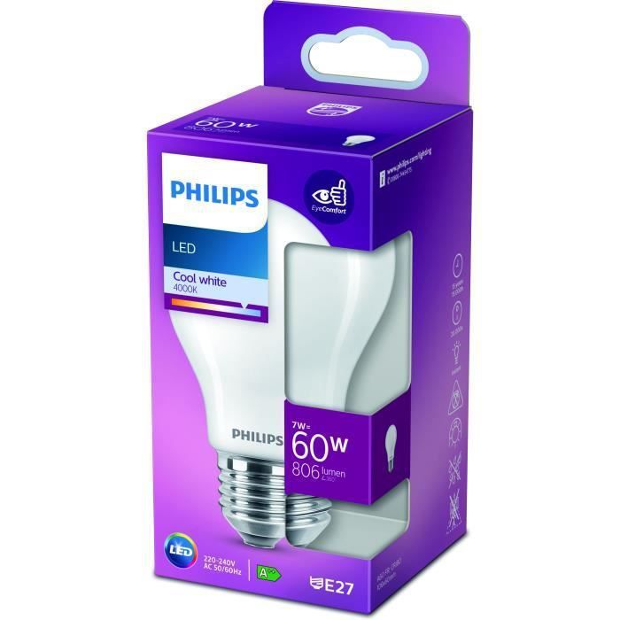 PHILIPS LED Classic 60W Standard E27 Blanc Froid Dépolie Non Dimmable - Photo n°1