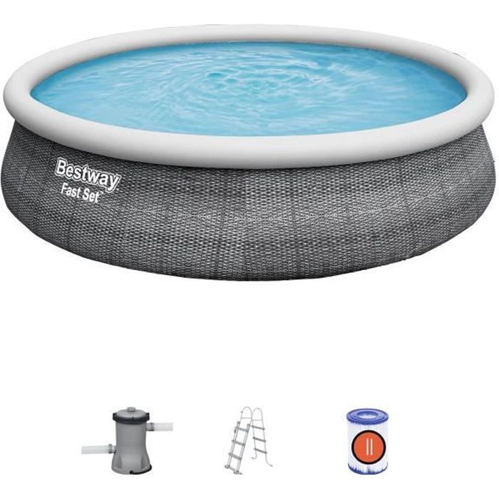 Piscine Gonflable - BESTWAY Fast Set - Ronde - 457 x 107 cm - Imitation Rotin - Épurateur a Cartouche de 2 006 L/H Échelle - Photo n°1