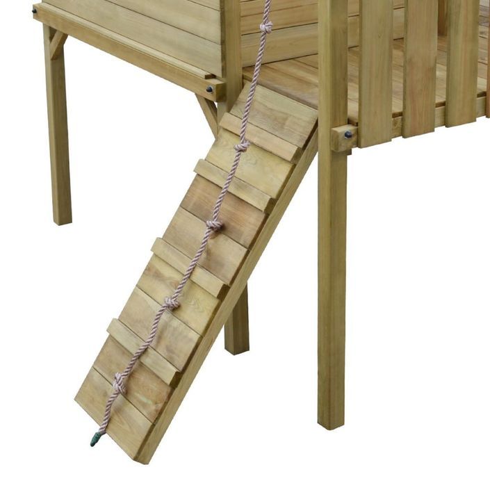 Portique de jeu en bois avec filet d’escalade, toboggan et balançoires - Photo n°3