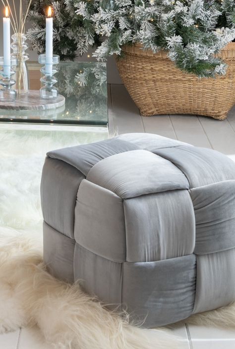 Pouf en tissu gris clair quadrillé Rica L 42 cm - Photo n°3