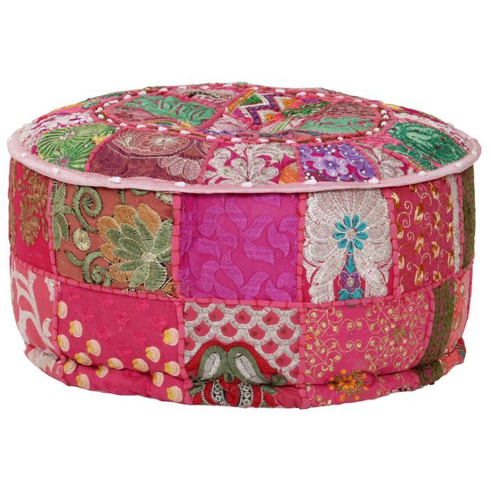 Pouf rond en coton en patchwork fait à la main 40 x 20 cm Rose - Photo n°1