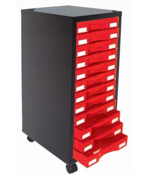 Rangement de bureau sur roulettes 12 tiroirs métal rouge et noir Folia - Photo n°3