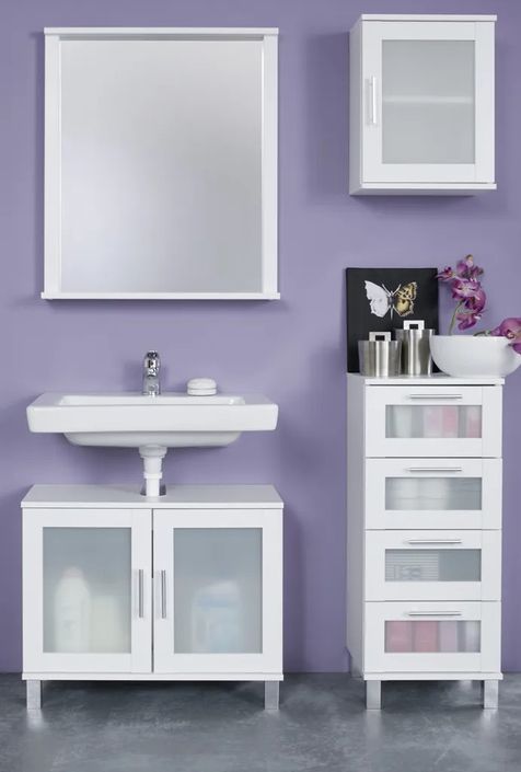 Rangement salle de bain 4 tiroirs vitrés mélaminé blanc Lunel - Photo n°2