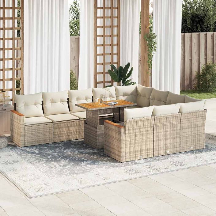 Salon de jardin 11pcs avec coussins beige résine tressée acacia - Photo n°1