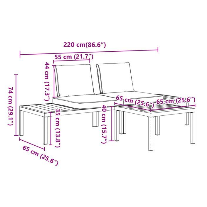 Salon de jardin 3 pcs avec coussins noir aluminium - Photo n°7