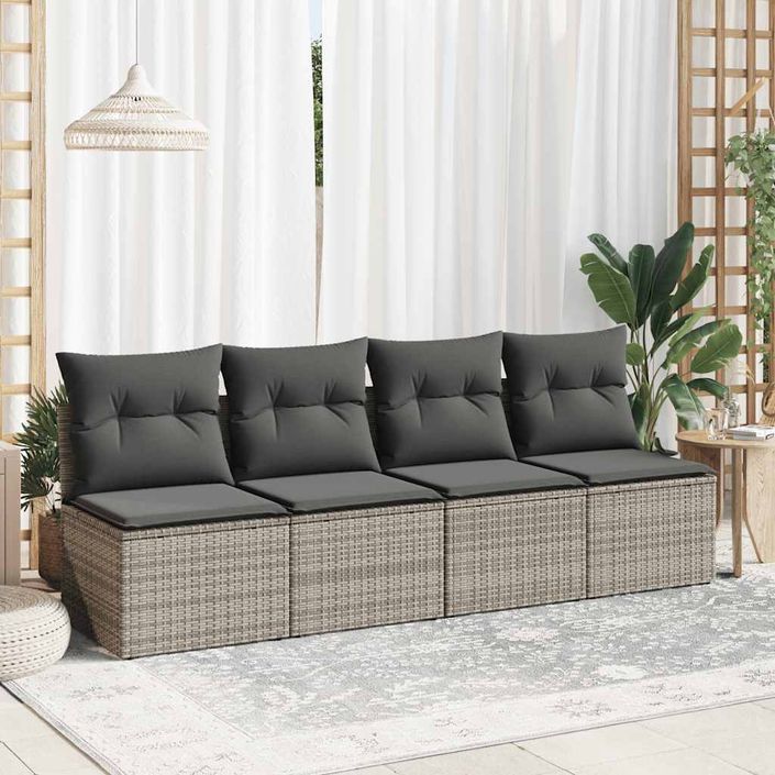 Salon de jardin 4 pcs avec coussins gris résine tressée acacia - Photo n°3