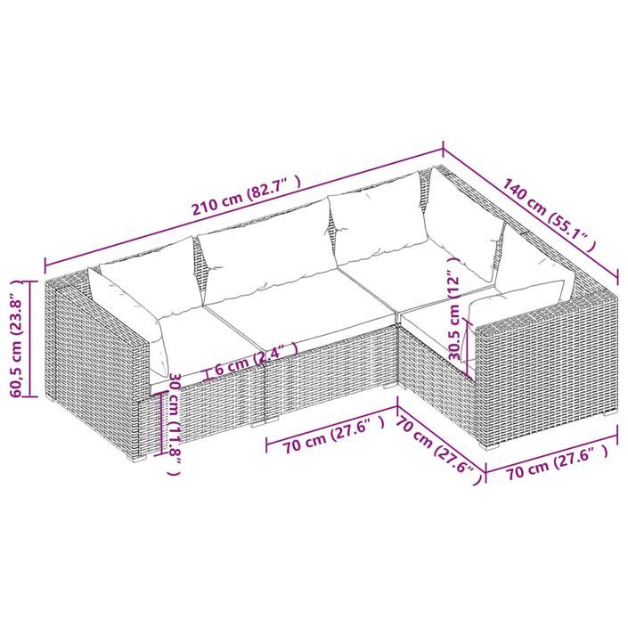 Salon de jardin 4 pcs avec coussins résine tressée gris - Photo n°5