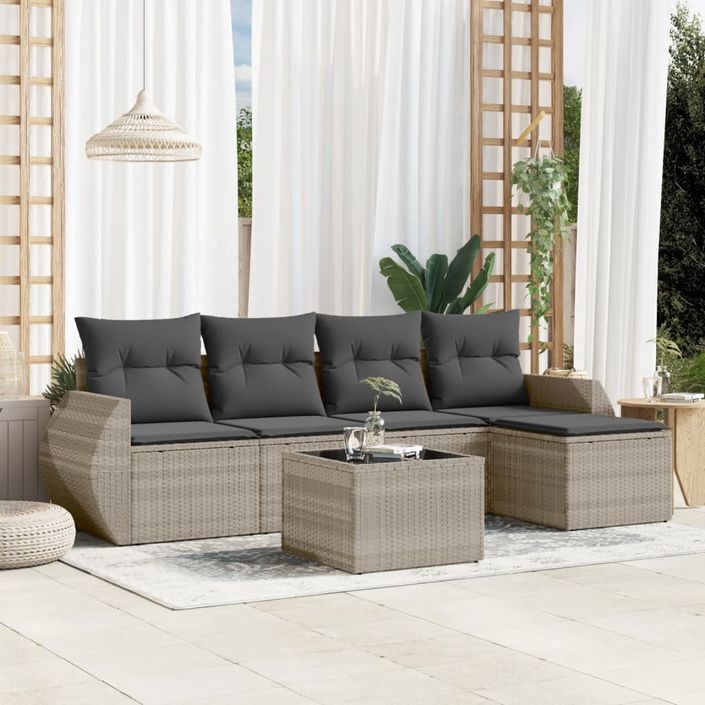 Salon de jardin 6 pcs avec coussins gris clair résine tressée - Photo n°1