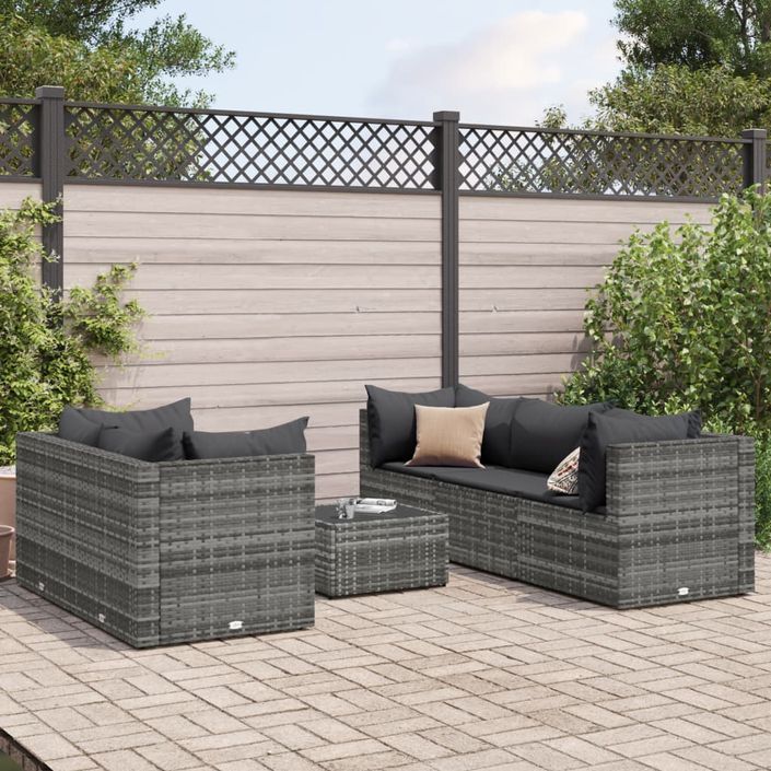 Salon de jardin 6 pcs avec coussins Gris Résine tressée - Photo n°1