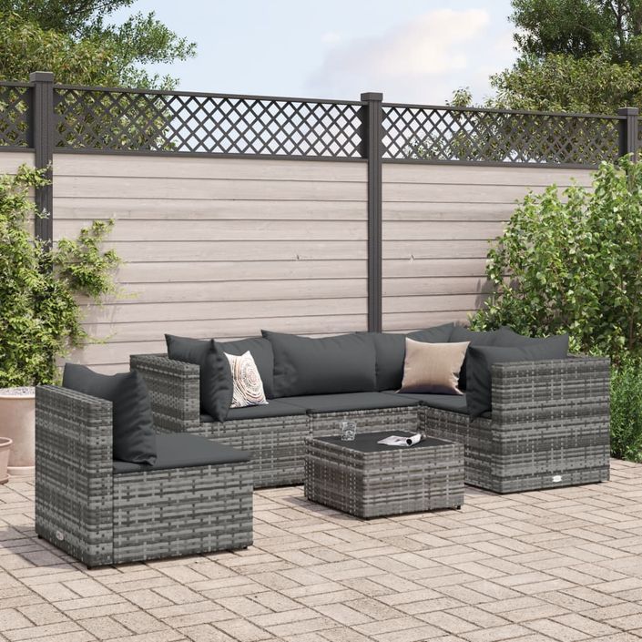 Salon de jardin 6 pcs avec coussins Gris Résine tressée - Photo n°1