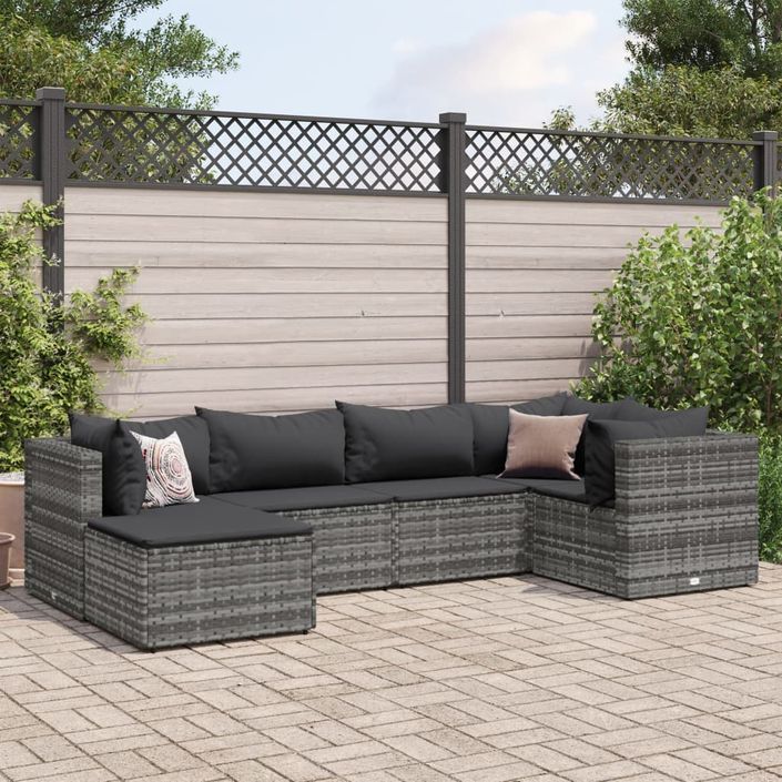 Salon de jardin 6 pcs avec coussins Gris Résine tressée - Photo n°1