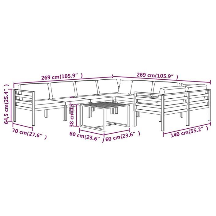 Salon de jardin 9 pcs avec coussins Aluminium Anthracite - Photo n°9