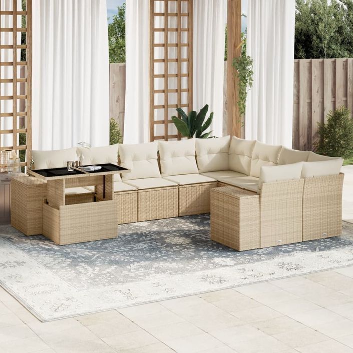 Salon de jardin avec coussins 10 pcs beige résine tressée - Photo n°1