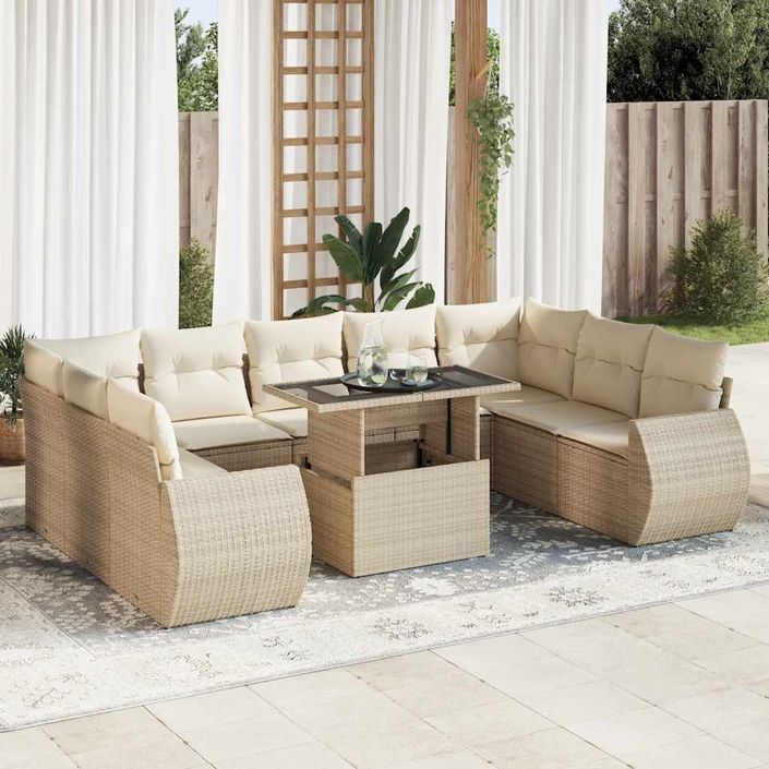 Salon de jardin avec coussins 10 pcs beige résine tressée - Photo n°1