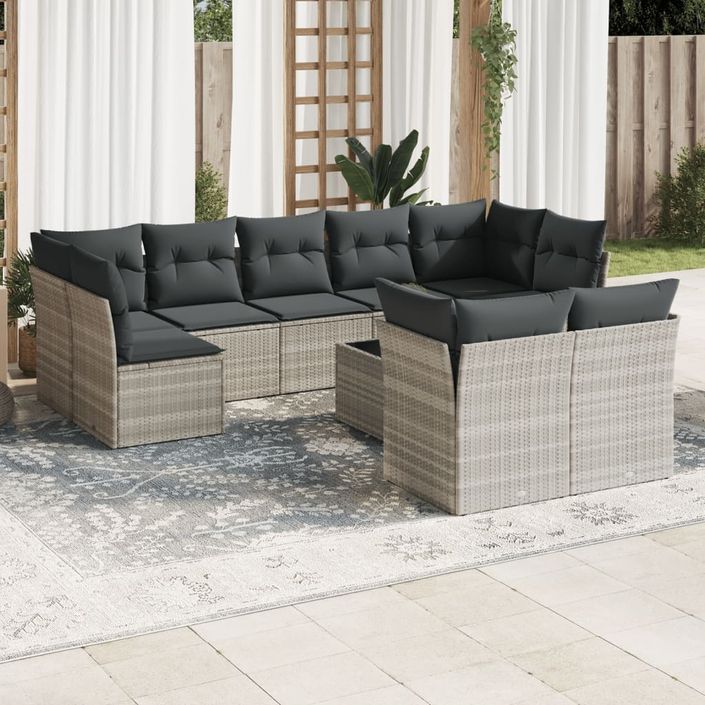 Salon de jardin avec coussins 10 pcs gris clair résine tressée - Photo n°1