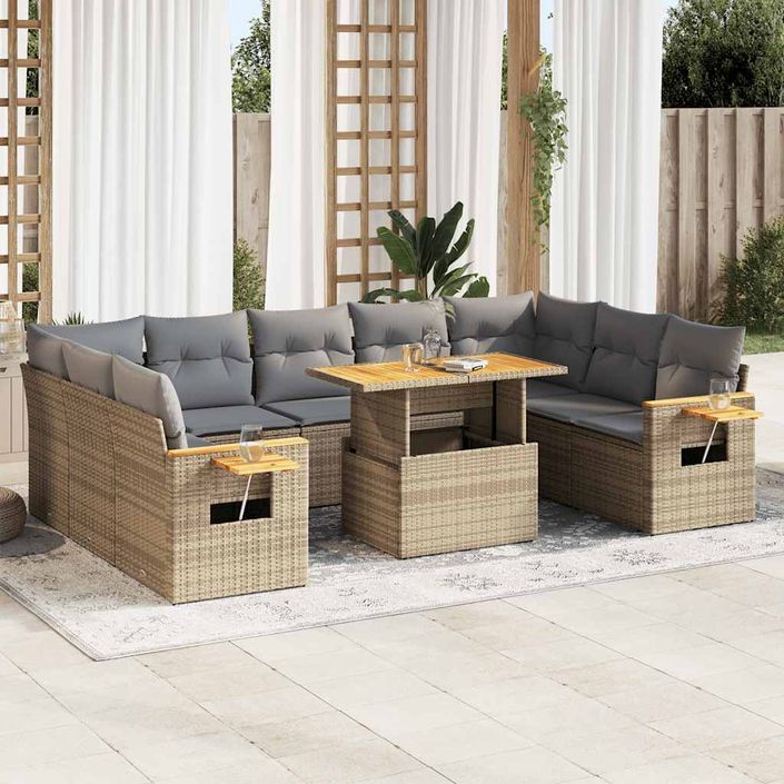 Salon de jardin avec coussins 10pcs beige résine tressée acacia - Photo n°1