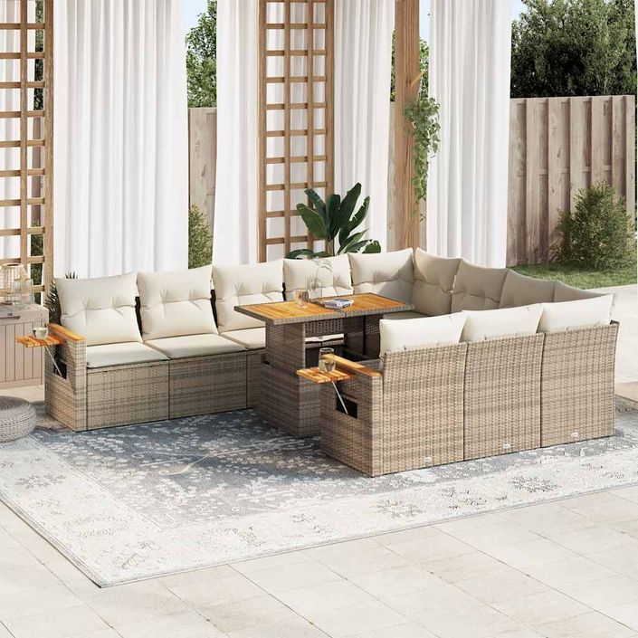 Salon de jardin avec coussins 10pcs beige résine tressée acacia - Photo n°1