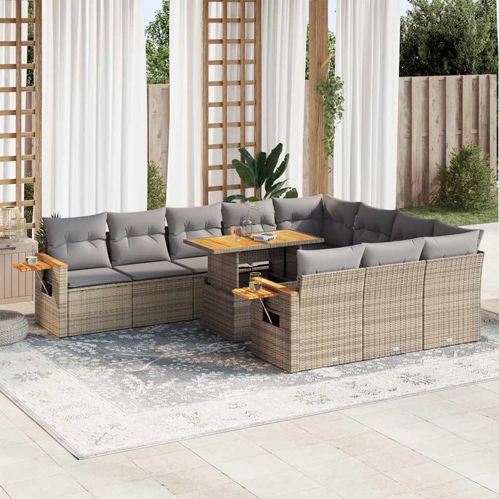 Salon de jardin avec coussins 10pcs beige résine tressée acacia - Photo n°1