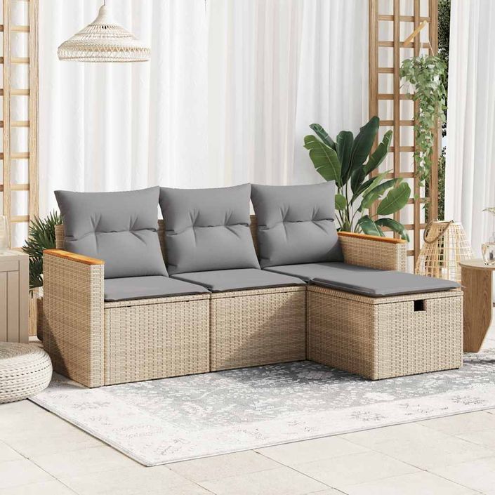 Salon de jardin avec coussins 4 pcs beige résine tressée - Photo n°1