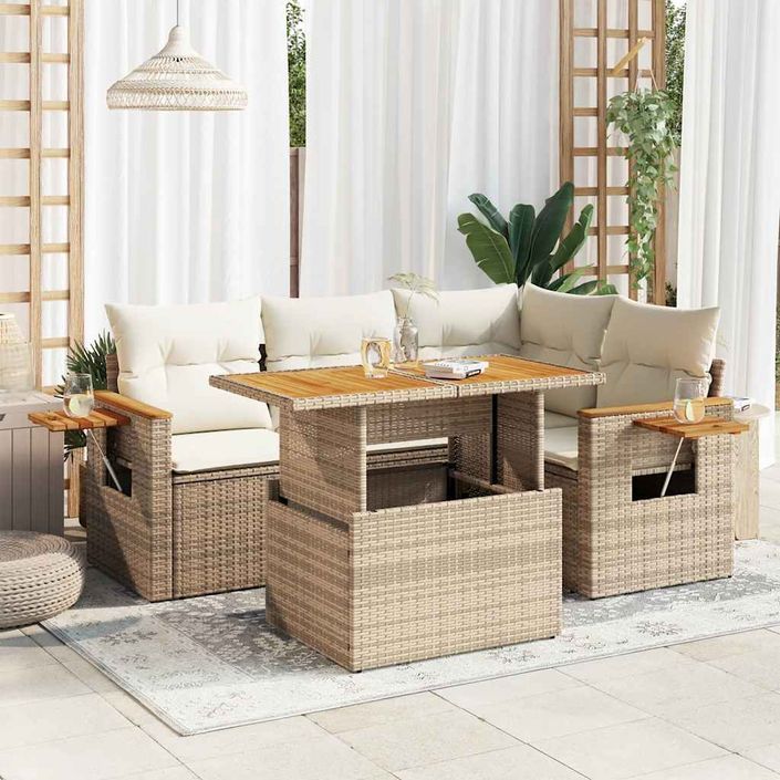 Salon de jardin avec coussins 4 pcs beige résine tressée acacia - Photo n°1