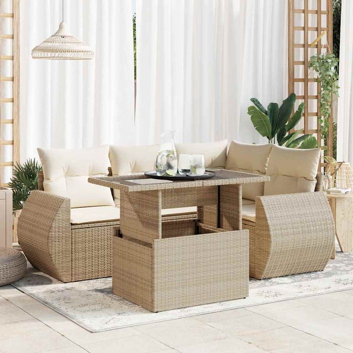 Salon de jardin avec coussins 5 pcs beige résine tressée - Photo n°1