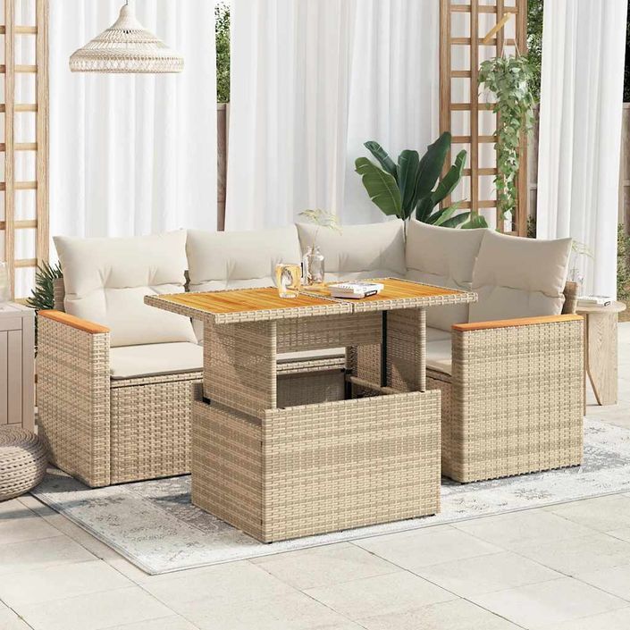 Salon de jardin avec coussins 5 pcs beige résine tressée acacia - Photo n°1