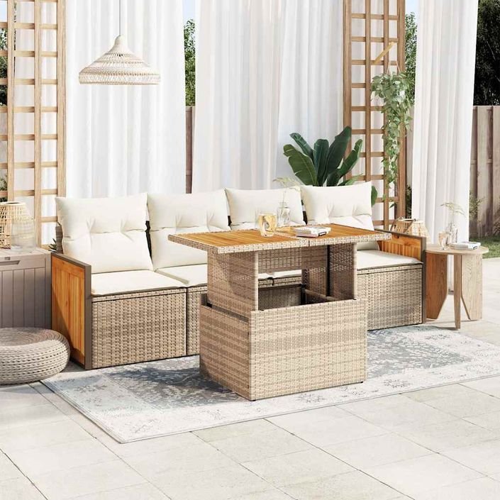 Salon de jardin avec coussins 5 pcs beige résine tressée acacia - Photo n°1