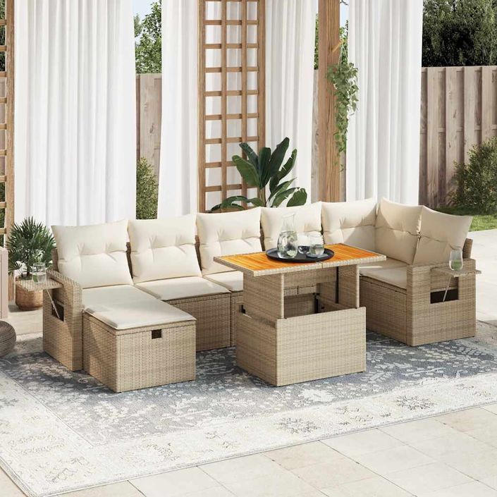 Salon de jardin avec coussins 5 pcs beige résine tressée acacia - Photo n°1