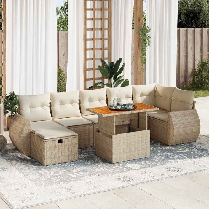 Salon de jardin avec coussins 5 pcs beige résine tressée acacia - Photo n°1