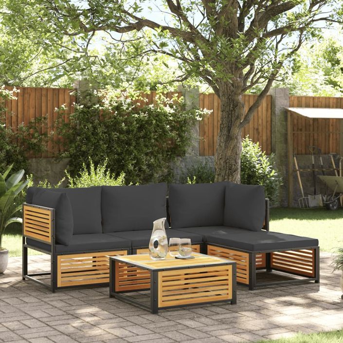 Salon de jardin avec coussins 5 pcs Bois d'acacia solide - Photo n°1