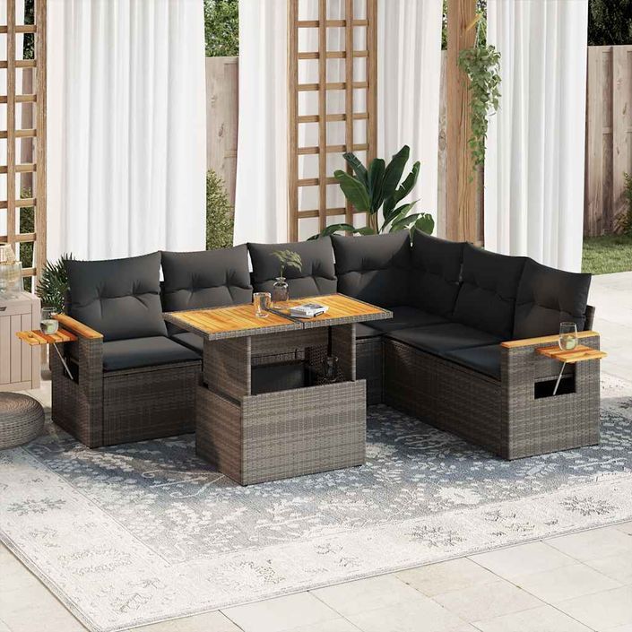 Salon de jardin avec coussins 6 pcs gris résine tressée acacia - Photo n°1