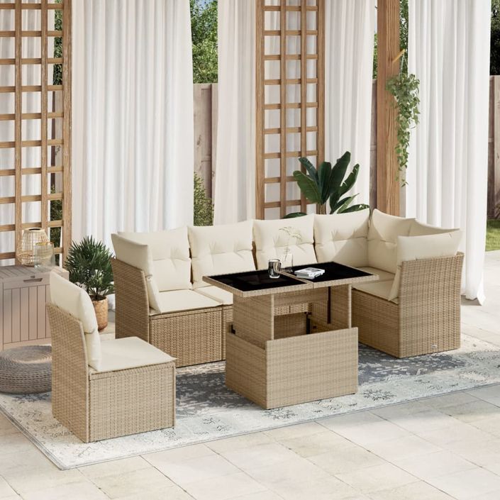 Salon de jardin avec coussins 7 pcs beige résine tressée - Photo n°1