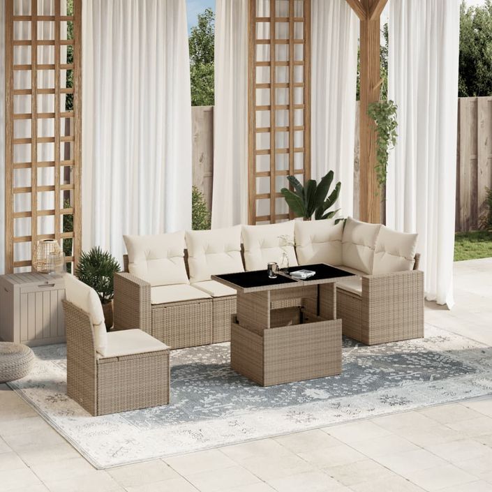 Salon de jardin avec coussins 7 pcs beige résine tressée - Photo n°1