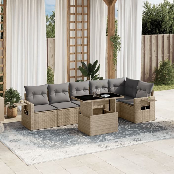 Salon de jardin avec coussins 7 pcs beige résine tressée - Photo n°1