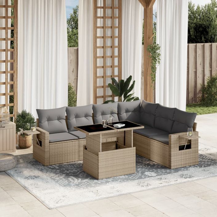 Salon de jardin avec coussins 7 pcs beige résine tressée - Photo n°1