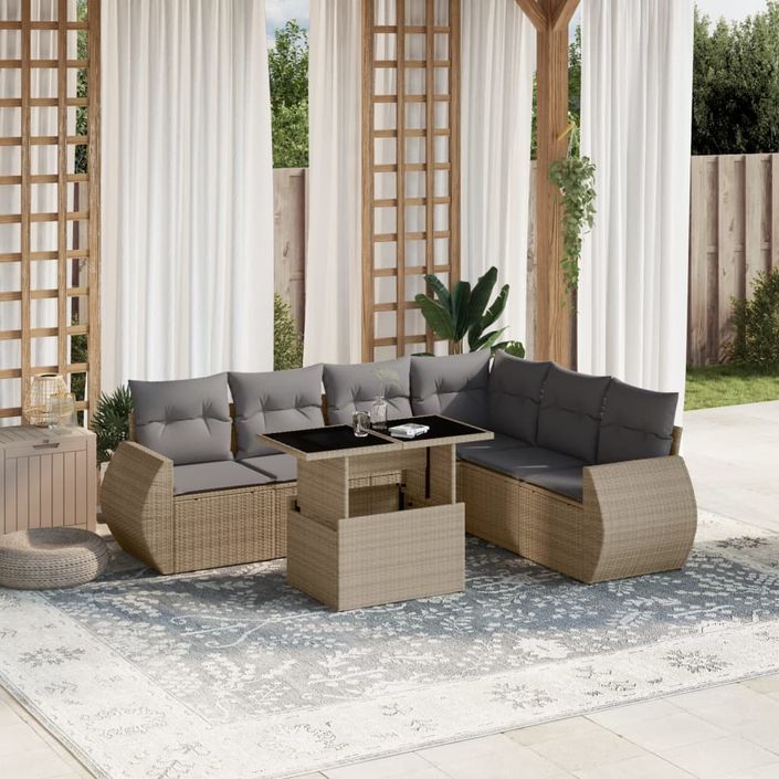 Salon de jardin avec coussins 7 pcs beige résine tressée - Photo n°1