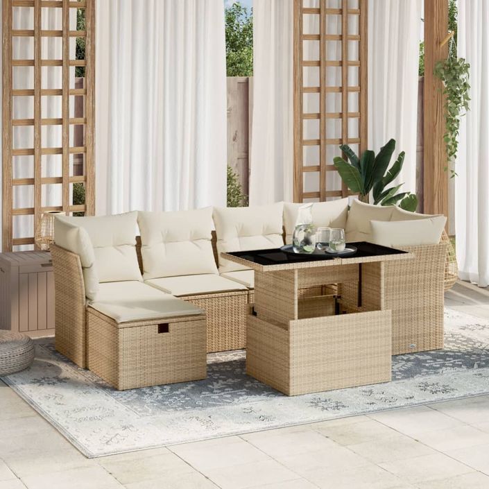 Salon de jardin avec coussins 7 pcs beige résine tressée - Photo n°1