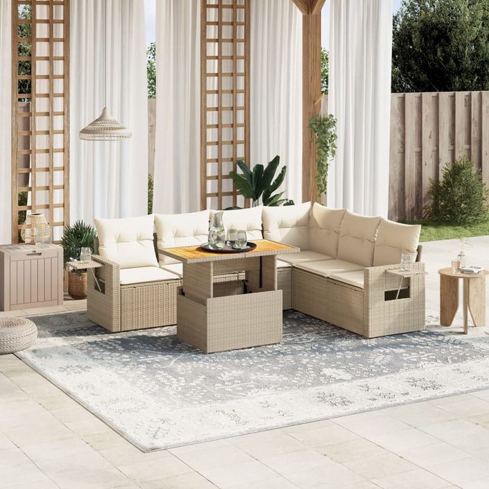 Salon de jardin avec coussins 7 pcs beige résine tressée - Photo n°1