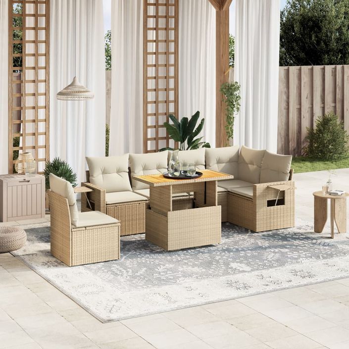 Salon de jardin avec coussins 7 pcs beige résine tressée - Photo n°1