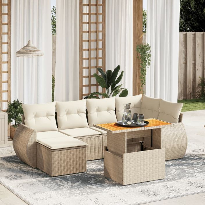 Salon de jardin avec coussins 7 pcs beige résine tressée - Photo n°1