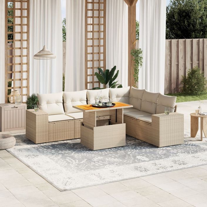 Salon de jardin avec coussins 7 pcs beige résine tressée - Photo n°1