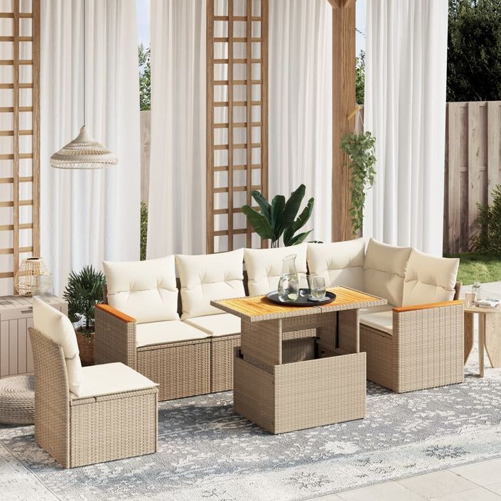 Salon de jardin avec coussins 7 pcs beige résine tressée - Photo n°1