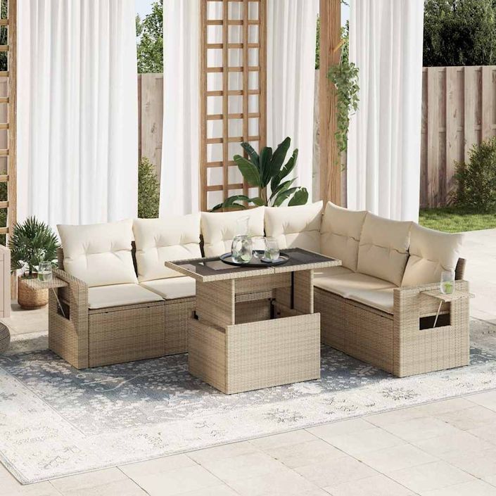 Salon de jardin avec coussins 7 pcs beige résine tressée - Photo n°1